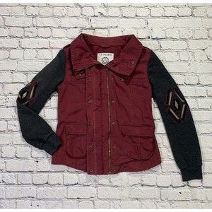LA Hearts Womens High Neck Embroidered Utility Jacket Boho Southwest Burgundy M